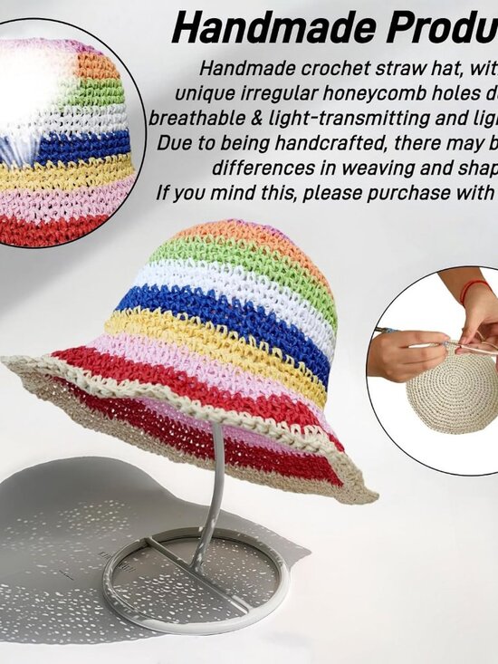 Women Foldable Summer Wide Brim Packable Hat Travel Straw Fedora Hat Rainbow-1 main image 6